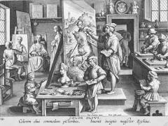 La bottega di un pittore, dove vengono plasmati colori a olio. Seguendo Giorgio Vasari, viene attribuita a Jan van Eyck l’invenzione dei colori a olio, conosciuti in realtà fino dai tempi più antichi.