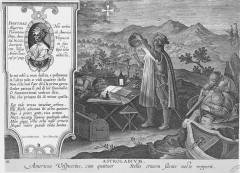 Amerigo Vespucci, aiutandosi con un compasso e una sfera armillare, scopre la Croce del Sud durante il sonno dei marinai. Sulla sinistra, il passo del Purgatorio (I, 22-27), dove Dante allude alle quattro stelle.