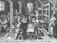 Rappresentazione immaginaria della stamperia di Gutenberg. Tipografi, inchiostratori, torchiatori e correttori sono impegnati nelle varie fasi della produzione del libro.